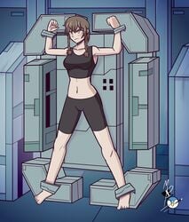 amane_suzuha angry armpits arms_up artist_request background barefoot black_bottomwear black_topwear bondage brown_hair compression_shorts crop_top damsel_in_distress indoors legs_apart legs_held_open legs_spread looking_away medium_breasts metal_gear_solid midriff mrpenguin navel short_hair shorts solo solo_female spats stationary_restraints steins;gate steins;gate_0 tomboy torture torture_device twin_braids