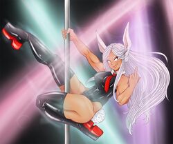 1girls animal_ears bunny_ears bunny_tail dark-skinned_female dark_skin female female_only hvalross long_hair middle_finger miruko muscular_female my_hero_academia pole_dancing rabbit_ears rabbit_girl rabbit_tail rumi_usagiyama solo solo_female stripper_pole thick_thighs tongue_out white_hair