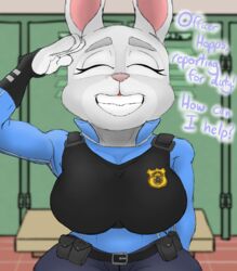 anthro clothing colored_sketch disney fully_clothed grey_fur judy_hopps locker_room police_uniform rabbit salute sir_cums_a_lot smiling tagme text zootopia