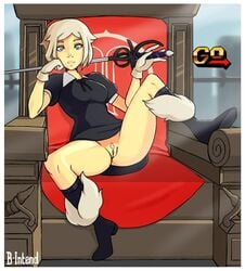 b-intend black_clothing boots legs_apart ms._y no_panties pubic_hair pussy rapier sitting solo_female streets_of_rage streets_of_rage_4 sword tagme upskirt white_hair white_pubic_hair