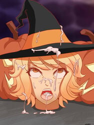 ahe_gao blonde_hair corpse cum_everywhere cum_in_hair cum_in_mouth cum_on_hat death decapitation eye_roll female_death halloween jack-o'-lantern necrophilia night orange_eyes outside pumpkin ryona snuff veiled616 witch witch_hat