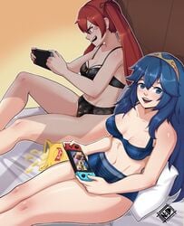 2girls anger_vein angry bare_legs black_panties blue_eyes blue_hair blue_panties chips_(food) cleavage female_only fire_emblem fire_emblem_awakening hair_between_eyes lay's lingerie looking_at_viewer lucina_(fire_emblem) medium_breasts multiple_girls nintendo nintendo_switch nudiedoodles on_bed open_mouth open_smile panties playing_videogame red_eyes red_hair severa_(fire_emblem) small_breasts smile super_smash_bros. super_smash_bros._ultimate thick_thighs tiara twintails