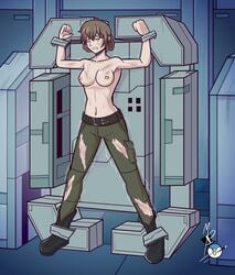 1girls amane_suzuha arms_up artist_request background belt bondage boots cargo_pants clenched_teeth exhausted legs_apart legs_held_open legs_spread medium_breasts metal_gear_solid midriff mrpenguin navel nipples one_eye_closed pants short_hair stationary_restraints steins;gate steins;gate_0 topless torn_clothes torture torture_device twin_braids whip_marks