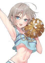 ahoge anastasia_(idolmaster) armpits blue_eyes breasts cheerleader crop_top female grey_hair highres idolmaster idolmaster_cinderella_girls idolmaster_cinderella_girls_starlight_stage looking_at_viewer loose_clothes medium_breasts midriff navel no_bra pom_pom_(cheerleading) rum_raisin_(chihiromakita19) shirt short_hair sleeveless sleeveless_shirt smile solo sweat underboob