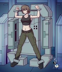 1girls amane_suzuha arms_up artist_request background belt bondage boots cargo_pants crop_top hazel_eyes legs_apart legs_held_open legs_spread looking_away medium_breasts metal_gear_solid midriff mrpenguin navel pants short_hair stationary_restraints steins;gate steins;gate_0 torture torture_device twin_braids