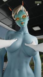 1boy 1girls 3d alien_girl blue-skinned_female blue_skin fortnite joey_(fortnite) looking_at_viewer nude nude_female tagme touching_breast wotm8h8