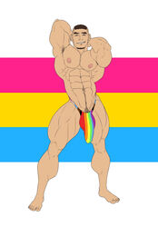 1boy abs arms_behind_head biceps black_hair facial_hair flexing gay gay_pride happy_trail human human_only kartos looking_at_viewer male_only muscle muscles muscular muscular_arms muscular_back muscular_legs muscular_male muscular_thighs nipples pecs pride_2021 pride_colors rainbow smile smiling smiling_at_viewer speedo