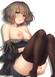 areolae bare_shoulders black_dress black_legwear blue_eyes breasts breasts_out clothes_pull collarbone cover cover_page dress female green_eyes green_hair heterochromia idolmaster idolmaster_cinderella_girls kazabuki_poni large_breasts lips looking_at_viewer mole mole_under_eye nipples pantyhose pantyhose_pull parted_lips photoshop_(medium) short_hair sitting solo takagaki_kaede thighs