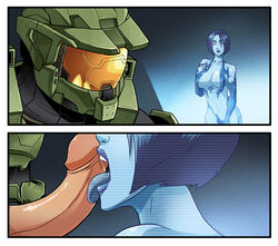 2d artificial_intelligence blue_body breasts cortana halo_(game) halo_(series) halo_3 halo_4 human licking_penis looking_at_another male_human male_spartan_(halo) master_chief nopeavi power_armor spartan_ii_(halo) tongue_out xbox_game_studios