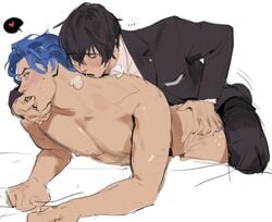 2boys adam_(sk8_the_infinity) ainosuke_shindo anal anal_sex bent_over black_hair blue_hair clothing finger_in_mouth gay hands_on_hips heart hip_grab male male/male male_only male_penetrated male_penetrating male_penetrating_male nsfwkrnd nude nude_male open_mouth sk8_the_infinity snake_(sk8_the_infinity) tadashi_kikuchi yaoi