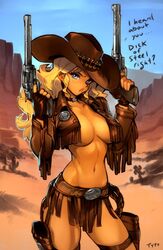 1girls blonde_hair blue_eyes breasts cow_girl cowboy_hat cowgirl cowgirl_hat cowgirl_outfit firearm gun handgun holster juliona_trans optionaltypo revolver tagme weapon wild_wet_west