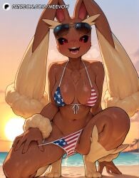 1girls ai_generated american_flag_bikini animal_ears animal_nose areola_slip beach bikini bikini_pull black_sclera body_fur breasts brown_fur clothes_pull colored_sclera flag_print furry furry_female looking_at_viewer lopunny meevow navel open_mouth outdoors pokémon_(species) pokemon pokemon_(species) pokemon_\(creature\) pokephilia rabbit_ears rabbit_girl red_eyes smile solo squatting sunglasses sweat swimsuit wet yellow_fur