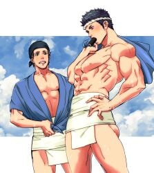 2boys abs ass_visible_through_thighs bandana beefy biceps black_eyes black_hair blue_sky blush brown_eyes brown_hair cloud coat_on_shoulders eating eating_food ehomaki etchu_fundoshi food fundoshi gay hachimaki hand_on_waist happi_(clothing) headband hi_res hunk japanese_clothes light_skin looking_at_another male male_only mature_male morning muscles muscular muscular_arms muscular_male no_body_hair no_visible_genitalia original original_character outdoors pecs sarashi setsubun short_hair six_pack size_difference sky standing sushi sweat sweatdrop sweating sweaty thick_arms triceps unknown-bl unknown_(yaoi_artist) very_sweaty white_border white_fundoshi yaoi