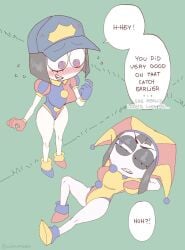 bare_arms bare_legs bare_shoulders bare_thighs big_breasts blush brown_hair english_text evil_pomni_(the_amazing_digital_circus) jester jester_hat large_breasts pomni_(the_amazing_digital_circus) sharp_teeth short_hair text text_bubble the_amazing_digital_circus windupkkey