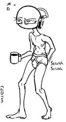 1boy artist_name bags_under_eyes bald briefs calzcrom circle_head coffee coffee_mug english_text headphones holding_object male male_focus male_only nerd nerdy_male scratching scratching_butt scratching_self sleepy standing tighty_whities tired tired_expression tired_eyes tired_look twink underwear underwear_only white_briefs