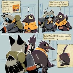 1:1 absurd_res ambiguous_gender anthro ass avian avian_feet beak big_butt bird black_body black_nose blue_eyes blush board_game bodily_fluids cheek_tuft clothed clothing comic corvid corvid_conspiracy_(root) cum cum_on_penis cumshot duo ejaculation english_text erection facial_markings facial_tuft feathers feet fur genital_fluids genitals grey_body grey_fur half_dime head_markings hi_res hot_dogging male mammal markings mask_(marking) on_ground open_mouth oscine parody partially_clothed passerine penis procyonid pubes raccoon raised_tail red_penis root_(game) scarf sex smile smiling_at_another smiling_at_partner speech_bubble striped_markings striped_tail stripes tail tail_feathers tail_markings text tongue tongue_out tuft vagabond_(root) yellow_eyes