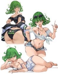 ass bikini bikini_under_clothes black_jacket black_panties black_shirt bracelet breasts collarbone cowboy_shot crop_top curly_hair curvy cutoffs denim denim_shorts dress eyewear_on_head female green_eyes green_hair hand_on_own_hip highres index_finger_raised jacket jewelry looking_at_viewer lying micro_shorts midriff navel on_side one-punch_man open_clothes open_jacket open_mouth panties rakeemspoon shirt short_dress short_hair shorts simple_background solo sunglasses swimsuit tatsumaki tied_shirt underwear white_background white_dress white_shirt