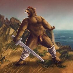1:1 anthro balls bear brown_balls brown_body brown_fur brown_penis facial_piercing fangs foreskin front_view fur genitals grass hair hi_res holding_melee_weapon holding_object holding_sword holding_weapon humanoid_genitalia humanoid_penis looking_at_viewer male male_anthro mammal melee_weapon mostly_nude muscular muscular_anthro muscular_male nose_piercing nose_ring open_mouth outside overweight overweight_anthro overweight_male penis piercing plant pubes red_eyes red_hair ring_piercing satanic_monkey septum_piercing septum_ring short_hair sky solo standing sword teeth uncircumcised unretracted_foreskin water weapon