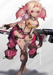 1girls 2d artist_request bare_ass bare_chest bare_hips bare_legs bare_midriff bare_navel bare_shoulders bare_skin bare_thighs barefoot blonde_hair female goggles goggles_around_neck hairband kokonuts mechanic monkey_ears monkey_girl monkey_tail navel orange_eyes pink_eyes pink_highlights pink_skirt prosthetic_arm scar_across_eye shadow tagme thigh_gap torn_legwear torn_stockings torn_thighhighs twitch virtual_youtuber vtuber yellow_shirt