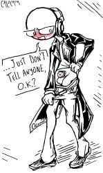 artist_name bald balls ballsack black_and_white blush blush briefs calzcrom chastity chastity_cage chastity_device circle_head coat english_text hatching_(art) headphones jeans monologue nerd nerdy_male pathetic pathetic_male pulling_clothing pulling_down_pants scrotum shiny_clothes speech speech_bubble standing tighty_whities trenchcoat twink underwear white_briefs