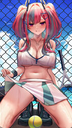 1girls :p azur_lane belly breasts bremerton_(azur_lane) bremerton_(scorching-hot_training)_(azur_lane) cleavage eternity_(shadeh) female female_only hair_ornament hairclip large_breasts long_hair mole_on_breast navel necklace panties pink_eyes pink_hair skirt sweat tennis_ball tennis_racket tennis_uniform thighs twintails two-tone_hair underboob