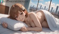1girls ai_generated areola_slip artist_name artist_signature bed blush breasts brown_eyes brown_hair completely_nude hair_flower hair_ornament hi_res high_resolution highres indoors kurutai looking_at_viewer lying medium_breasts misaka_mikoto naked_sheet nude on_bed on_side short_hair smile solo subscribestar subscribestar_username to_aru_kagaku_no_railgun to_aru_majutsu_no_index uncensored under_covers