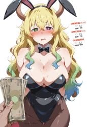 1girls ai_generated big_breasts blush bow breasts bunny_ears female heterochromia horns leotard long_hair lucoa miss_kobayashi's_dragon_maid money multicolored_hair open_mouth pantyhose quetzalcoatl_(dragon_maid) sweat yellow_hair