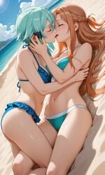 ai_generated beach bikini kissing lesbian_kiss sinon sword_art_online tagme video yuri yuri yuuki_asuna