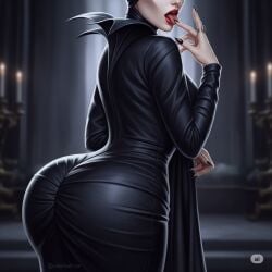 ai ai_generated allure ass big_ass black_background black_outfit character cleavage confident curvy dark_theme disney dominant_pose dramatic_lighting dress elegant evil_aura expression fantasy female finger_lick glowing_eyes gothic high_cheekbones horns humanoid lipstick live_action long_eyelashes looking_at_viewer makeup maleficent pale_skin pose realistic_style round_ass seductive_gaze seductive_pose sexy_witch shiny_fabric sleeping_beauty slit smirk solo sorceress suggestive sultry thigh_focus tight_clothes villainess witch