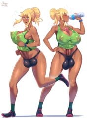 1futa autopaizuri big_breasts big_penis blonde_hair casual casual_autopaizuri casual_erection casual_exposure casual_nudity dark-skinned_futanari dark_skin decensored drinking erection exercise footwear full-package_futanari futa_only futanari hair_bun high_resolution highres human ineffective_clothing opera_brest original running solo sportswear sweat turquoise_eyes uncensored very_high_resolution water wristwear zheng