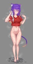1girls animal_ear_fluff animal_ears animal_tail bare_legs bare_pussy barefoot belly_button blush bottomless cat_ears cat_tail catgirl closed_eye exposed_pussy exposed_torso eye_closed gradient_eyes hi_res highres legs looking_at_viewer lunarisbloom_(artist) medium_breasts navel no_panties one_eye_closed puddle purple_body purple_hair purple_nail_polish purple_nails pussy red_shirt shirt shirt_only solo solo_female solo_focus standing steam steaming_body sweat sweating sweating_profusely sweaty towel tummy two_tone_hair ubebe_chizu vagina virtual_youtuber wet yellow_eyes yellow_hair