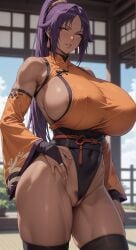 ai_generated bleach dark-skinned_female kimono purple_hair shihouin_yoruichi shihouin_yoruichi yellow_eyes