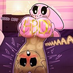 1:1 2024 anthro areola artist_name bed big_breasts black_sclera blush bodily_fluids breast_play breasts brown_body cabinet cake cum cum_between_breasts cumshot dessert dialogue digital_drawing_(artwork) digital_media_(artwork) duo ejaculation english_text exclamation_point eyelashes felid feline female floppy_ears food front_view fur furniture genital_fluids hand_on_breast heart_symbol hi_res holding_breast huge_breasts inside lagomorph leporid long_ears lop_ears lying male male/female mammal marshmallow_(oxyoxyoxyox) monotone_body motion_lines navel nimby_(nimbynimbasa) nipple_dip nipples nude nude_female nude_male on_back open_mouth outline oxyoxyoxyox paint pink_body rabbit sex smile text titjob white_eyes