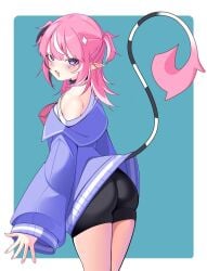 2d artist_request ass back_view bare_hands bare_legs bare_shoulders bare_skin bare_thighs big_ass black_collar black_highlights black_shorts blue_shirt blush camila_(vtuber) collarbone demon demon_girl demon_tail female hair_ornament pigtail pink_bow pink_hair pink_nails purple_eyes sharp_ears short_hair tagme twintails twitch virtual_youtuber vtuber white_highlights