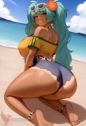 1girls 2d ai_generated aqua_hair ass barefoot big_ass big_breasts bikini bracelet brazilian_miku breasts dark-skinned_female earrings erophoenix eyewear_on_head feet full_body grin hair_flower hair_ornament hatsune_miku huge_breasts jewelry kneeling long_hair looking_at_viewer looking_back nail_polish patreon_username shorts smile soles solo solo_female sunglasses swimsuit tan tellow_shirt thick thick_thighs toes uncensored vocaloid