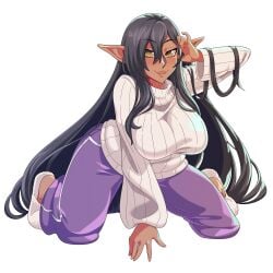 1girls 2025 absurd_res alternate_color big_breasts black_hair dark-skinned_female dark_elf dark_skin elf elf_ears elf_female female female_only kneeling kuroinu_~kedakaki_seijo_wa_hakudaku_ni_somaru~ legendsnjk long_hair looking_at_viewer olga_discordia pants purple_pants slippers smiling smiling_at_viewer solo sweater very_long_hair white_background white_sweater yellow_eyes