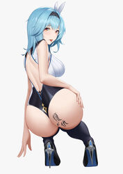 1girls ass back back_view big_ass blue_hair body_writing boots breasts eula_(genshin_impact) female female_only genshin_impact heart-shaped_pupils high_heel_boots high_heels highres huge_ass kurosara leotard looking_at_viewer looking_back naughty_face presenting_ass solo squatting thigh_boots thighhighs tongue tongue_out translated white_background