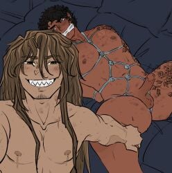balls ballsack bed bedroom bite_mark bite_marks bitemarks black_hair blue_eyes blue_rope blush blush_lines bondage brown_eyes brown_hair bruce_hajek-carvajal clive_dreck cum cum_drip curly_hair erect_penis erection fabric_gag flower_tattoo foreskin gag gay gay_domination gay_male gay_sex green_eyes heterochromia hickey hickey_marks hickeys_on_neck hickeys_on_thighs highlights homosexual homosexual_sex human human_genitalia human_penis long_hair male male/male male_nipples mastectomy_scar melonn_kiwi muscles muscular muscular_male nipple_piercing nipples on_camera penis phalloplasty_scar photo rope rope_bondage scar scars scars_on_arm scars_on_chest sharp_teeth straight_hair submissive_male taking_photo taking_picture taking_selfie tan_body tan_skin tattoos transgender_male transman transmasc tummy uncircumcised uncircumcised_penis uncut uncut_penis yaoi