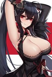 1girls armpits azur_lane black_hair blush breasts cleavage eternity_(shadeh) female female_only hair_ornament hands_behind_head large_breasts long_hair long_ponytail red_eyes sidelocks solo taihou_(azur_lane) very_long_hair