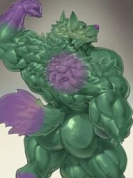 absurd_res anthro ass back_muscles backsack balls biceps big_balls big_butt big_muscles biped canid canine canis claws closed_smile deltoids digital_media_(artwork) finger_claws fingers flexing flexing_bicep fur genitals gloves_(marking) goo_creature green_body green_eyes green_fur hi_res huge_balls huge_muscles humanoid_hands kolligo looking_at_viewer looking_back looking_back_at_viewer male male_anthro mammal markings mouth_closed multicolored_body multicolored_fur muscular muscular_anthro muscular_male nude nude_anthro nude_male oldshep pecs portrait purple_body purple_claws purple_finger_claws purple_fur purple_hands purple_nose purple_sclera purple_tail purple_teeth rear_view shaded simple_background smile smiling_at_viewer solo standing tail teeth three-quarter_portrait translucent translucent_body triceps two_tone_body two_tone_fur two_tone_tail wolf