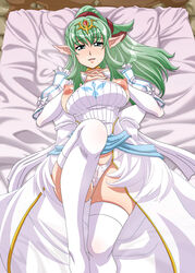 1girls alternate_costume bare_thighs breasts breasts_out bride fire_emblem fire_emblem_awakening green_eyes green_hair large_breasts long_hair long_sleeves manakete nintendo nipples nori_(artist) on_back on_bed open_mouth open_smile panties partially_visible_vulva pillow pointy_ears ponytail smile solo solo_female sweat thick_thighs thighhighs thong tiki_(adult)_(fire_emblem) tiki_(fire_emblem) wedding_dress white_panties white_thong