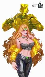 1girls big_breasts blonde_hair breasts crop_top dio_brando female female_dio humanoid jewelry jojo's_bizarre_adventure leather_pants light-skinned_female light_skin red_eyes rule_63 shounen_jump stand_(jjba) stardust_crusaders the_world vampire veela_(artist) villainess