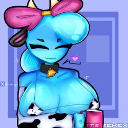 1girls big_breasts bikini blue_skin blue_skinned_female bow breasts bubble closed_eyes cow_bikini cow_ears cow_girl cow_horns cow_print cow_print_bikini cowbell cup dandy's_world female female_only finished itz_zekex milk nipples poppy_(dandy's_world) roblox tagme