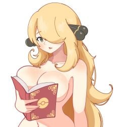 big_breasts big_breasts big_butt big_thighs big_titties book covered_nipples curvaceous curvaceous_female curvaceous_figure curvy curvy_figure curvy_hips cynthia_(pokemon) ducktracio female female_focus female_only long_hair looking_at_viewer nude nude_female pokemon yellow_hair