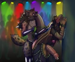 against_surface against_wall anthro big_penis breasts chaps clothing collar cuff_(restraint) dominant dominant_female dragon duo exhibitionism fangs female fishnet_clothing fishnet_topwear genitals gnoll gothzilla hair handcuffs hi_res horn huge_cock hyena hyper hyper_genitalia hyper_penis intersex intersex/female leash leash_pull long_hair makeup maleherm mammal markings metal_cuffs mythological_creature mythological_scalie mythology penis piercing questionable_consent raised_tail restraints running_makeup scalie spiked_tail spikes spikes_(anatomy) spots spotted_markings strapon tail teeth thehatredburrito topwear wings