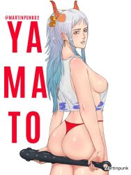 1girls 2d 2d_(artwork) 2d_artwork adult adult_female ass ass_cleavage ass_crack back back_dimples backboob big_breasts blue-haired_female blue_hair breasts brown-eyed_female brown_eyes busty busty_female busty_girl club_(weapon) digital digital_art digital_drawing digital_drawing_(artwork) digital_media digital_media_(artwork) dimples_of_venus earrings elbows female female_focus female_only fingernails fingers gradient_hair hair_pin hairpin hairpins head_tilt high_resolution highres horn horns inframammary_fold large_boobs large_breasts lean_figure long_hair looking_at_viewer looking_back looking_back_at_viewer martinpunk mature mature_female median_furrow multicolored_hair narrow_waist one_piece panties ponytail post-timeskip red_horn red_horns red_panties red_thong red_underwear shoulders sideboob sidelocks simple_background slender_body slender_waist slim_waist solo standing thick_ass thick_butt thick_thighs thighs thong tilted_head underwear upper_body white-haired_female white_background white_hair yamato_(one_piece)