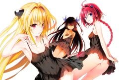 3girls ass bare_ass black_dress black_hair black_lingerie blonde_hair blue_eyes bottomless bottomless_female braid breasts butt_crack detexted food hips konjiki_no_yami kurosaki_mea lingerie lingerie_only long_hair looking_at_viewer master_nemesis nipples_visible_through_clothing no_panties no_pants official_art orange_eyes red_eyes red_hair shoulders smile take_your_pick thighs to_love-ru to_love-ru_darkness white_background wide_hips yabuki_kentarou