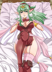 1girls bare_arms bare_thighs boots breasts breasts_out cape censored fire_emblem fire_emblem_awakening garter_straps gloves green_eyes green_hair large_breasts long_hair manakete nintendo nipples nori_(artist) on_back on_bed open_mouth open_smile panties panties_aside pelvic_curtain pillow pointy_ears ponytail pussy smile solo solo_female sweat thick_thighs thighhigh_boots thighhighs thong tiki_(adult)_(fire_emblem) tiki_(fire_emblem) white_panties white_thong