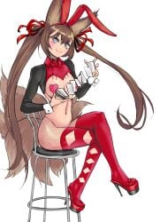 animal_ear_fluff animal_ears animal_tail blue_eyes blush bow bowtie breasts brown_hair bunnysuit caleen_keemosn card chair cleavage closed_mouth clothing clothing_cutout commission crossed_legs detached_collar elotika eyebrows_visible_through_hair fake_animal_ears female female fishnets footwear fox_ear fox_ears fox_girl fox_tail hair_between_eyes hair_ornament hair_ribbon hairband heart_cutout heart_pasties high_heels holding inverted_bunnysuit inverted_costume kemonomimi kitsune kitsunemimi large_breasts legwear long_hair looking_at_viewer meme_attire multiple_tails navel original pantyhose pasties platform_footwear platform_heels playboy_bunny rabbit_ears red_bow red_bowtie red_footwear red_ribbon revealing_clothes reverse_bunnysuit reverse_outfit ribbon runes shoes sitting smile solo star_ocean star_ocean_anamnesis stool tail thighhighs twintails very_long_hair wrist_cuffs