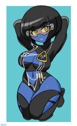 arms arms_behind_head arms_up artist_name artist_signature badge big_breasts bigdeadalive black_clothing black_hair black_legwear blue_background blue_body blue_skin bodysuit boots breasts color colored_skin curvy curvy_female curvy_figure cybernetic_arm cybernetic_leg cybernetic_legs cybernetic_limb cybernetics emblem eyewear feet female female_focus female_only gloves gold_lipstick green_eyes green_pupils gypsy_moth_(lego) large_breasts lego lego_insectoids lego_racers lego_space legs_together lips lipstick looking_at_viewer navigator_sharp_(lego) neutral_expression orange_eyewear orange_glasses robotic shaved_crotch short_hair simple_background simple_shading skin_tight thick_thighs thighs visor visor_(eyewear) wide_hips wires